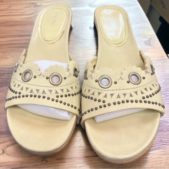 Miu Miu Pale Green  Leather & Wood Kitten Heel Slides - 37.5  -Prada - Picture 6 of 7